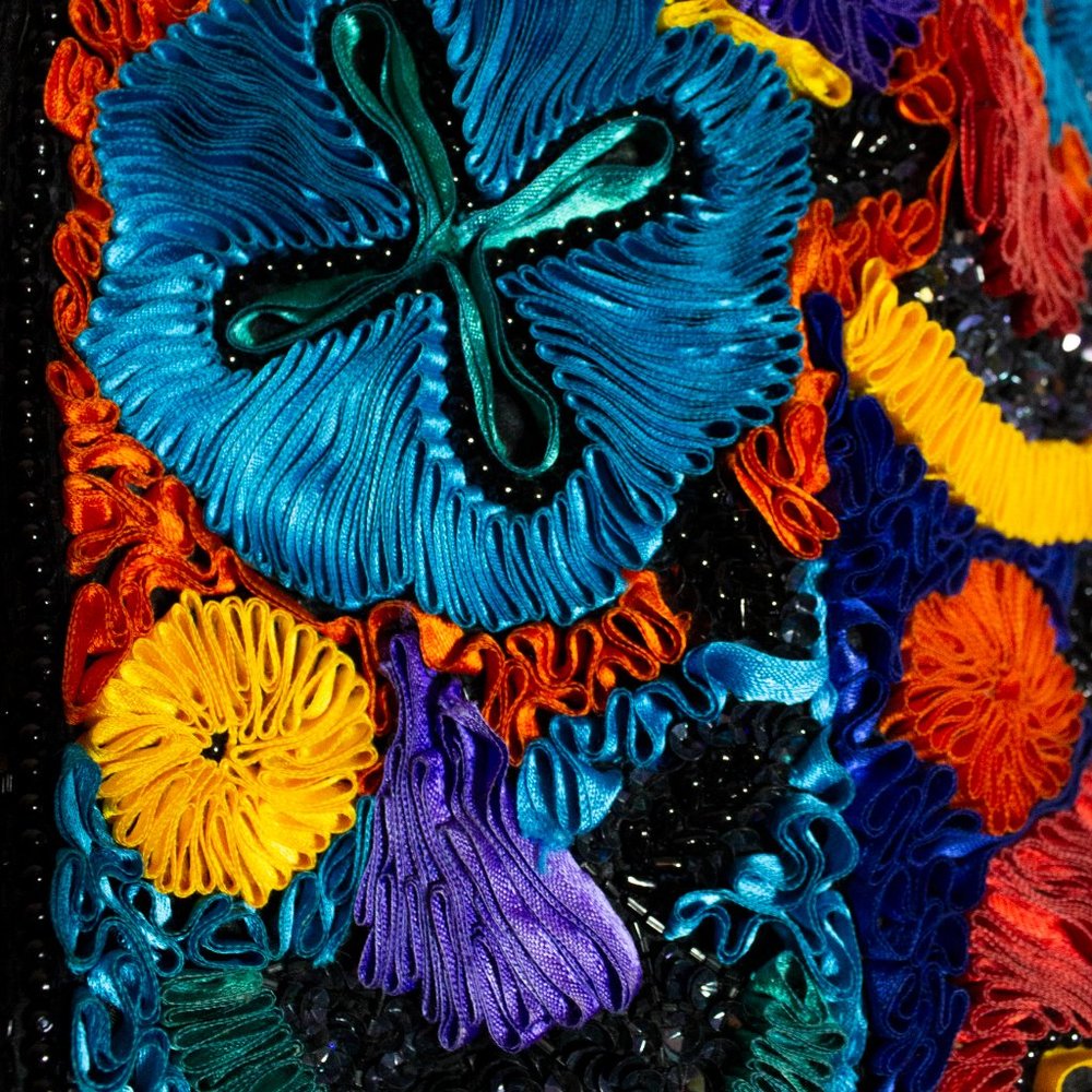 Vintage Vest Cache Silk Wearable Art ribbon Large 80s blue red yellow - Picture 7 of 12